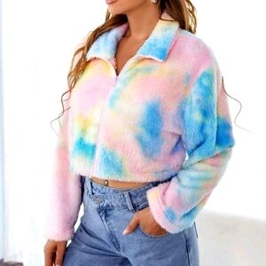 Pastel Tie-Dye Teddy Jacket Cropped Full Zipper Collar Cozy Womens Small SHEIN
